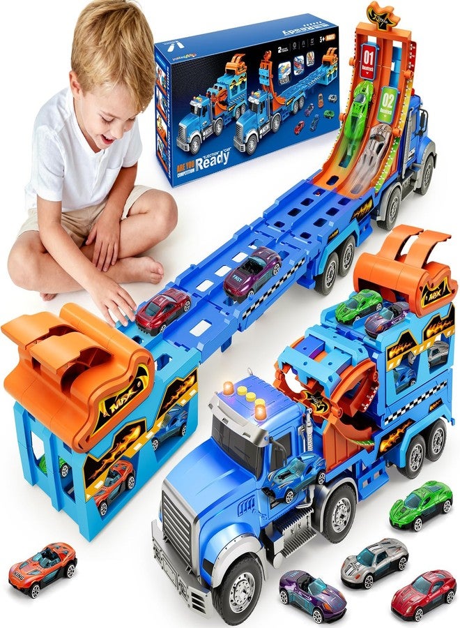 ShyLizard Truck Car Toys for 3, 4, 5, 6, 7, 8 Years Old Kids, Carrier Truck Race Track Toys, Foldable Transport Car Toys with Foldable Race Tracks and 6 Metal Cars, Birthday Gifts for Toddler Boys Girls (Blue) - Image 1